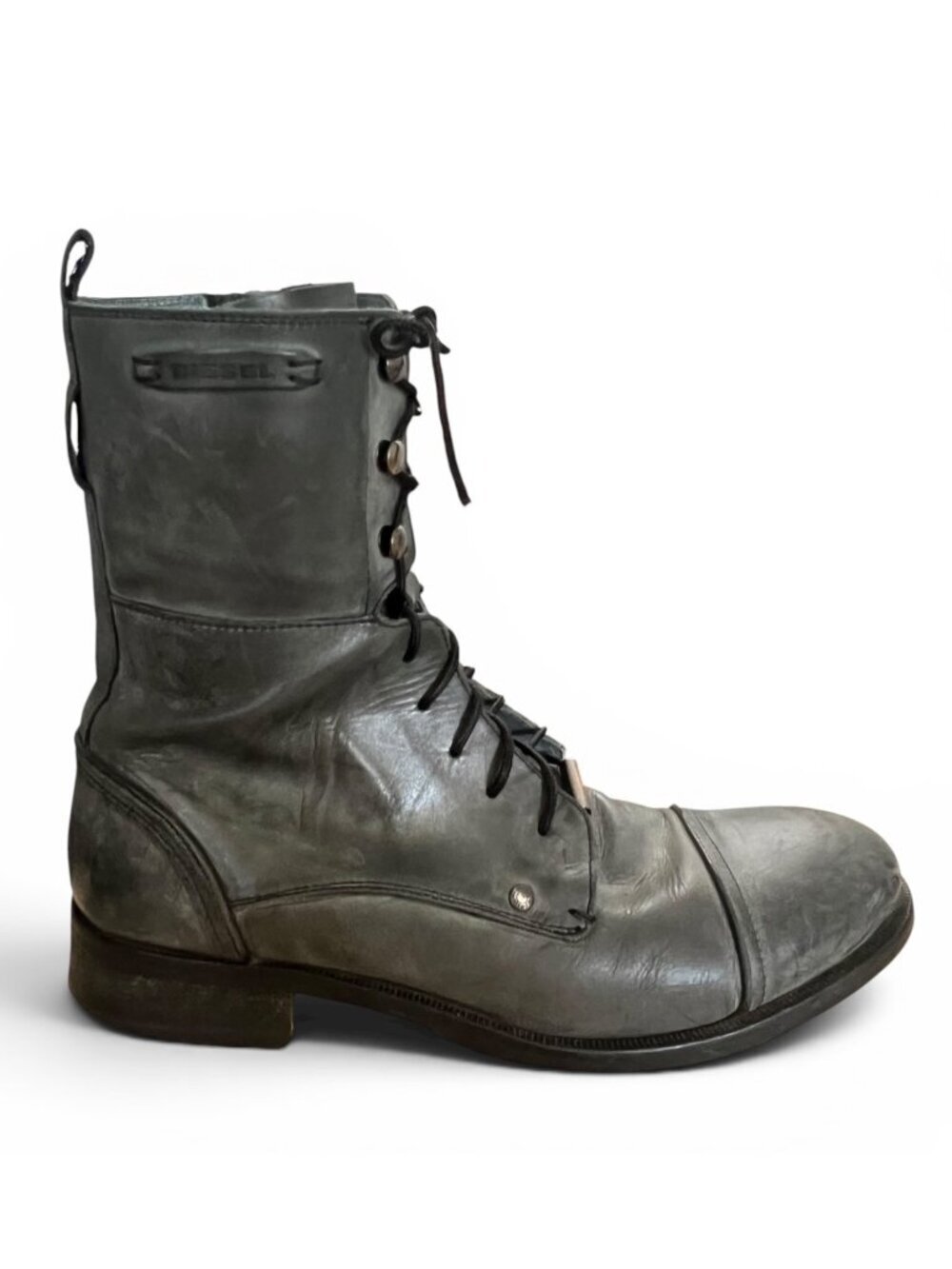 Diesel Black Leather Lace-Up Combat Boots With Side Zipper Men's Size 43